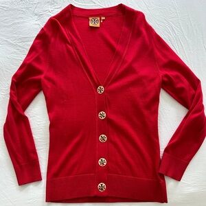 Tory Burch red cardigan with gold buttons